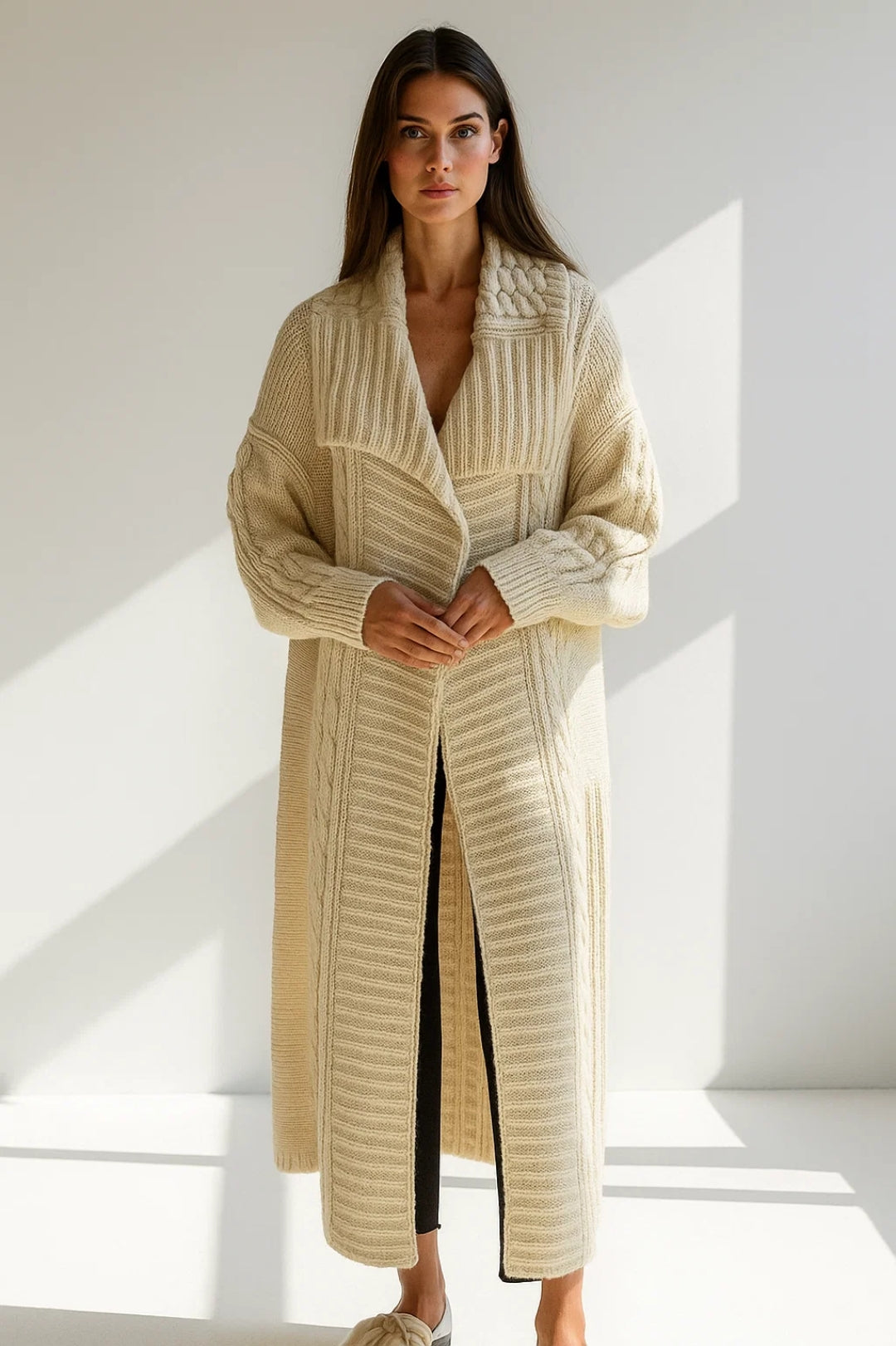 Cardigan lungo lavorato a maglia | Maglieria calda | Colore crema e comodo