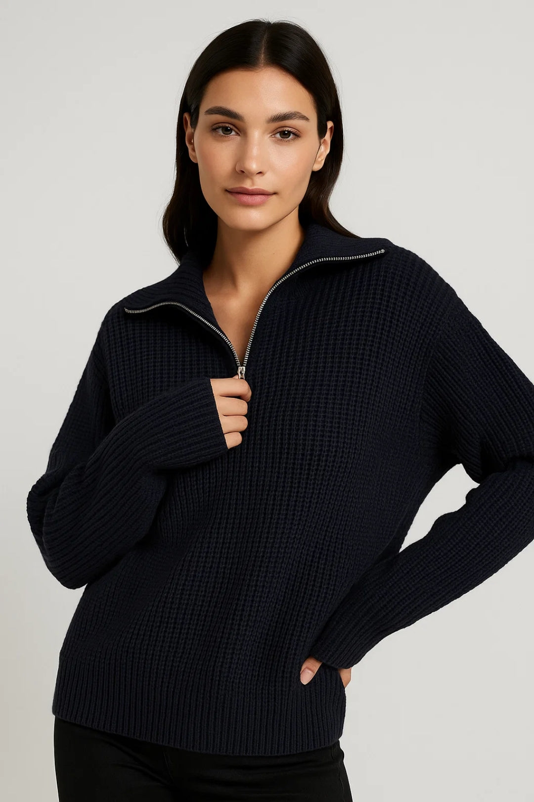 Maglione lavorato a maglia con collo con zip | Struttura a nido d'ape | Caldo e casual